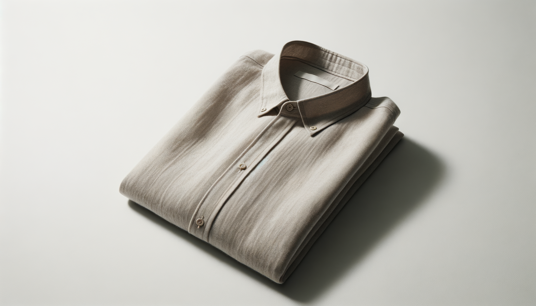 Folded beige dress shirt with a button-down collar on a light background