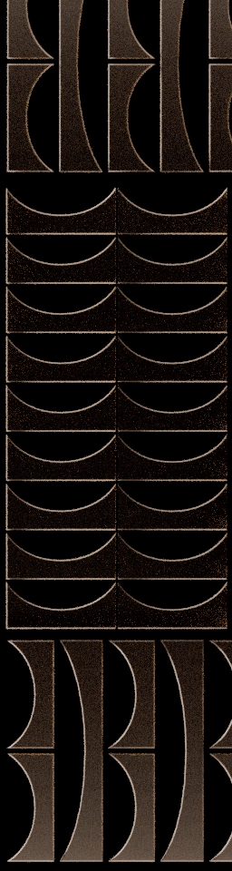 Abstract pattern with various black and brown curved shapes and lines arranged vertically.