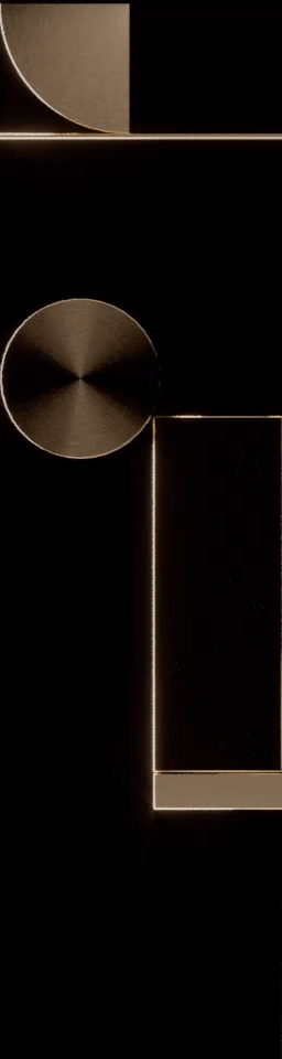 Abstract art featuring gold geometric shapes including a partial circle, a full circle, and rectangles on a black background.
