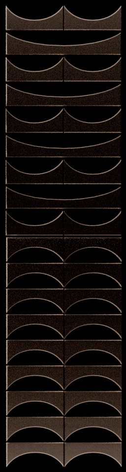 A vertical stack of black objects, each featuring a semicircular cutout on the top or bottom, arranged in alternating orientation.