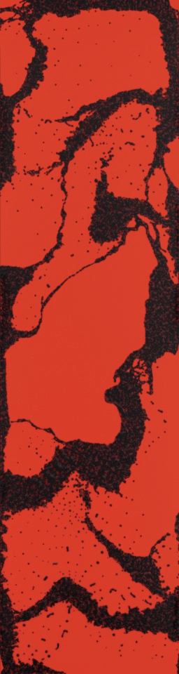 Abstract black and red textured pattern with irregular shapes and speckles.