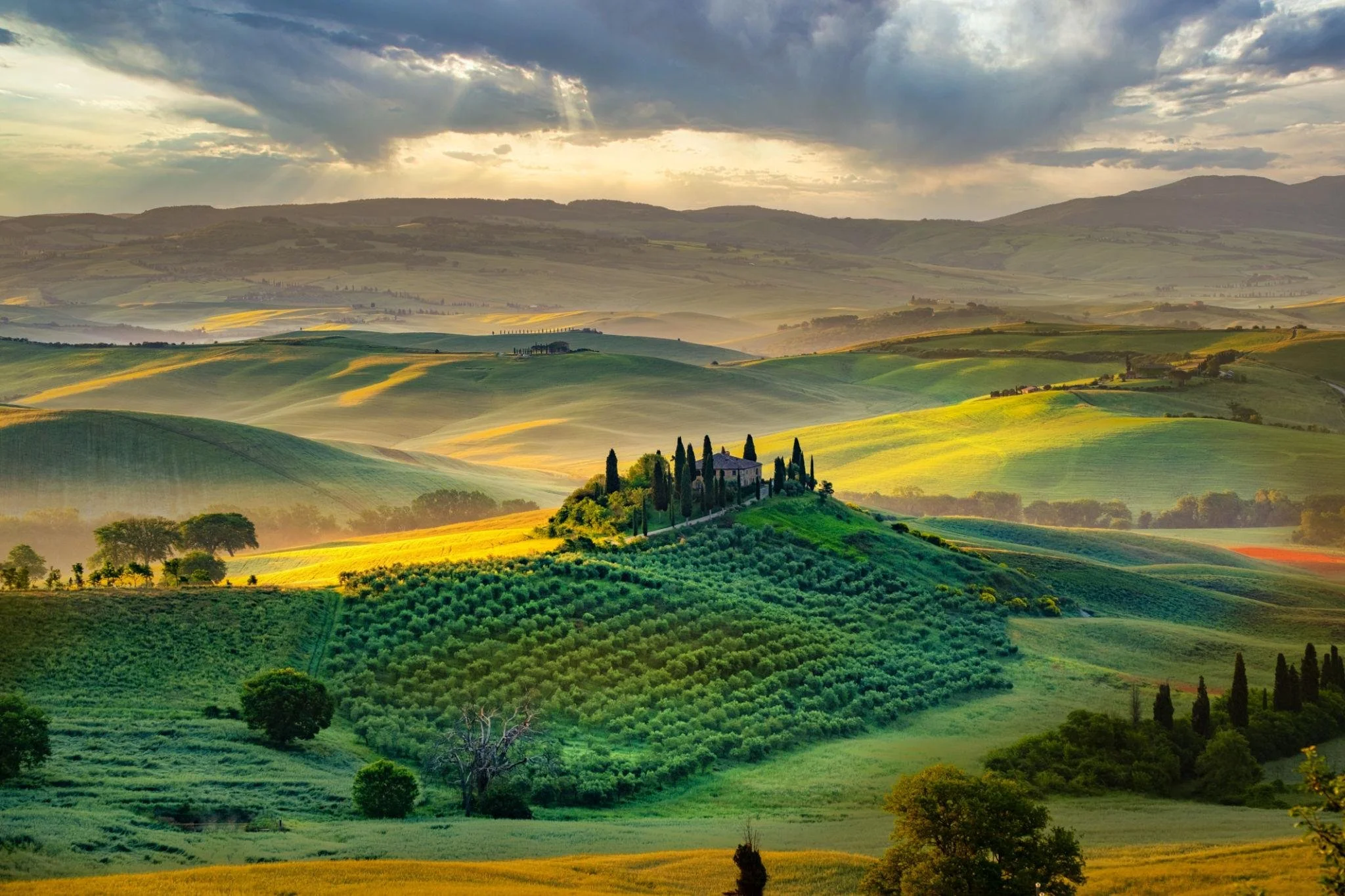 Scenic view of rolling green hills and farmland with scattered trees and a small farmhouse, under a cloudy sky with sunlight breaking through.