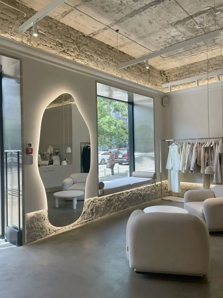 Modern boutique interior with white furniture, large window with city view, and clothing rack with white garments.