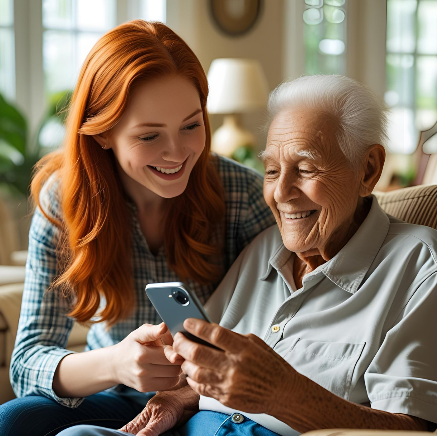 A young woman and an elderly man sitting in a living room, showcasing safety features implemented on the phone.