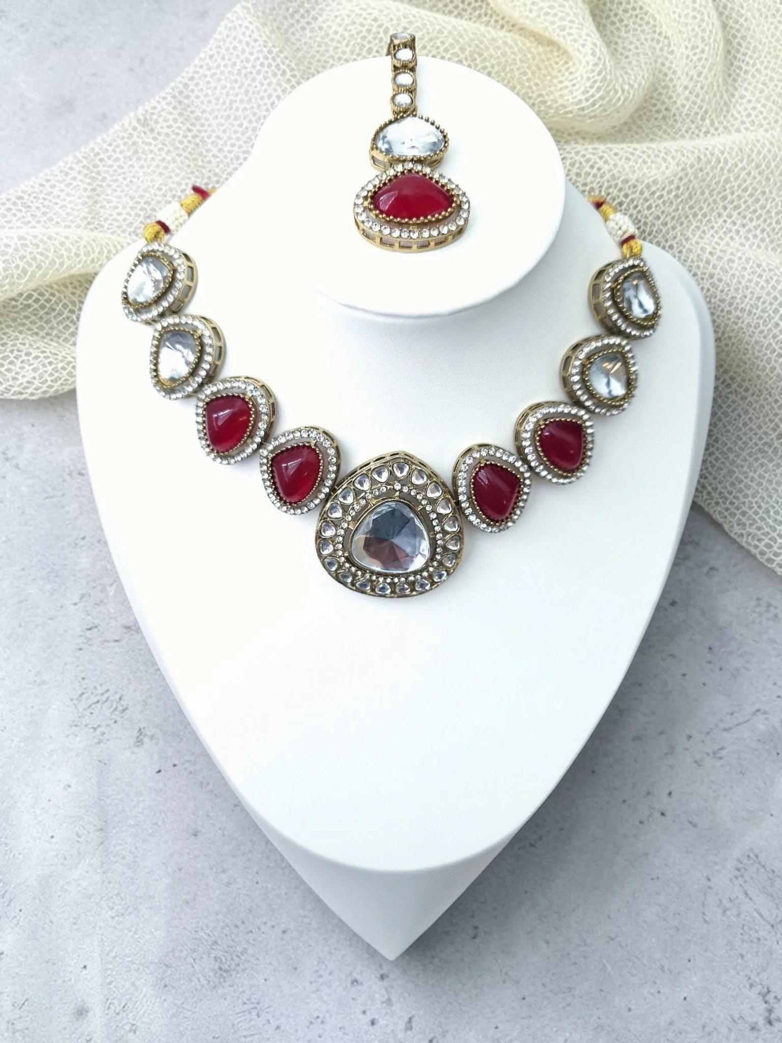Royal Kundan Ruby Necklace Set with Earrings and Maang Tikka