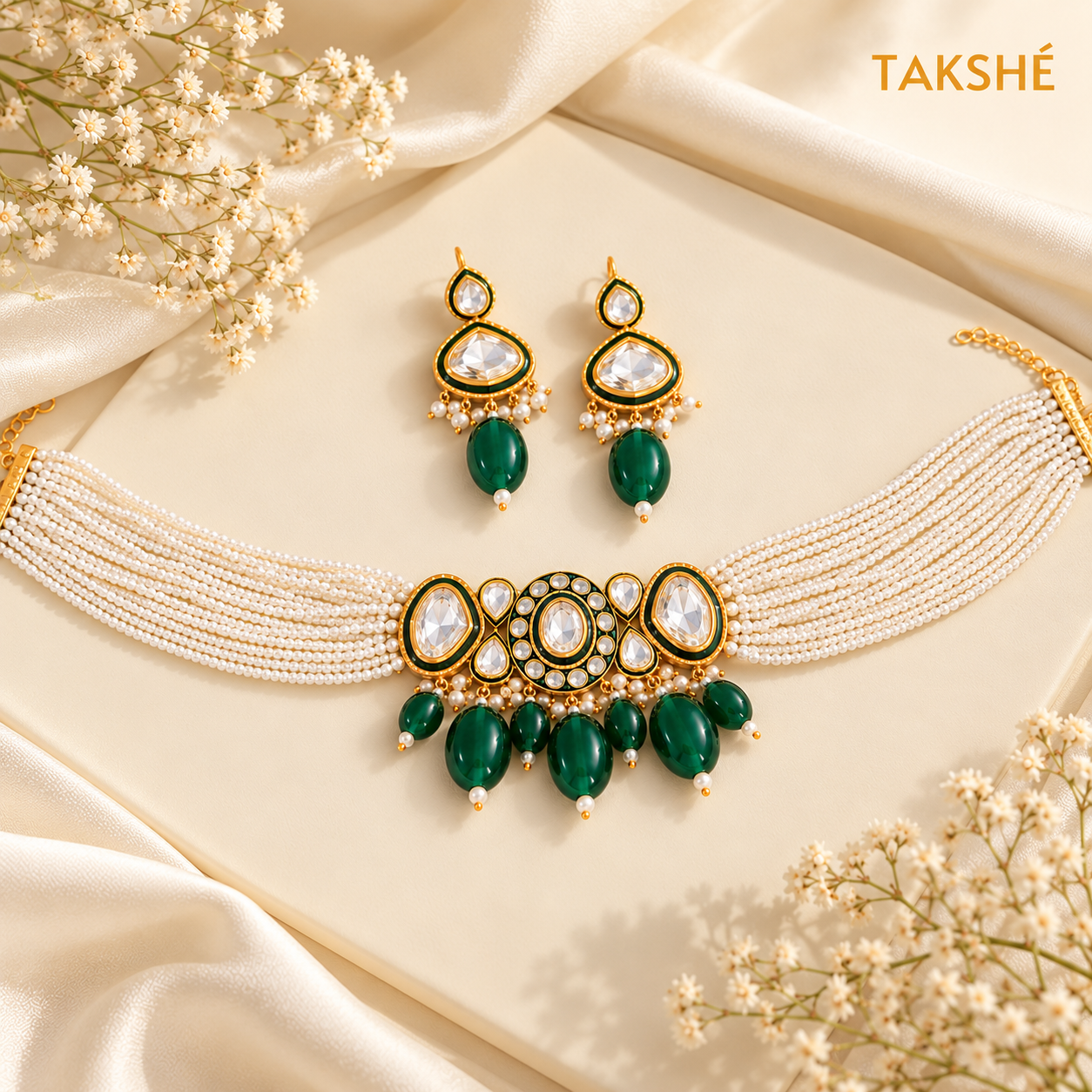 Polki Kundan Pearl Choker with Emerald Drops