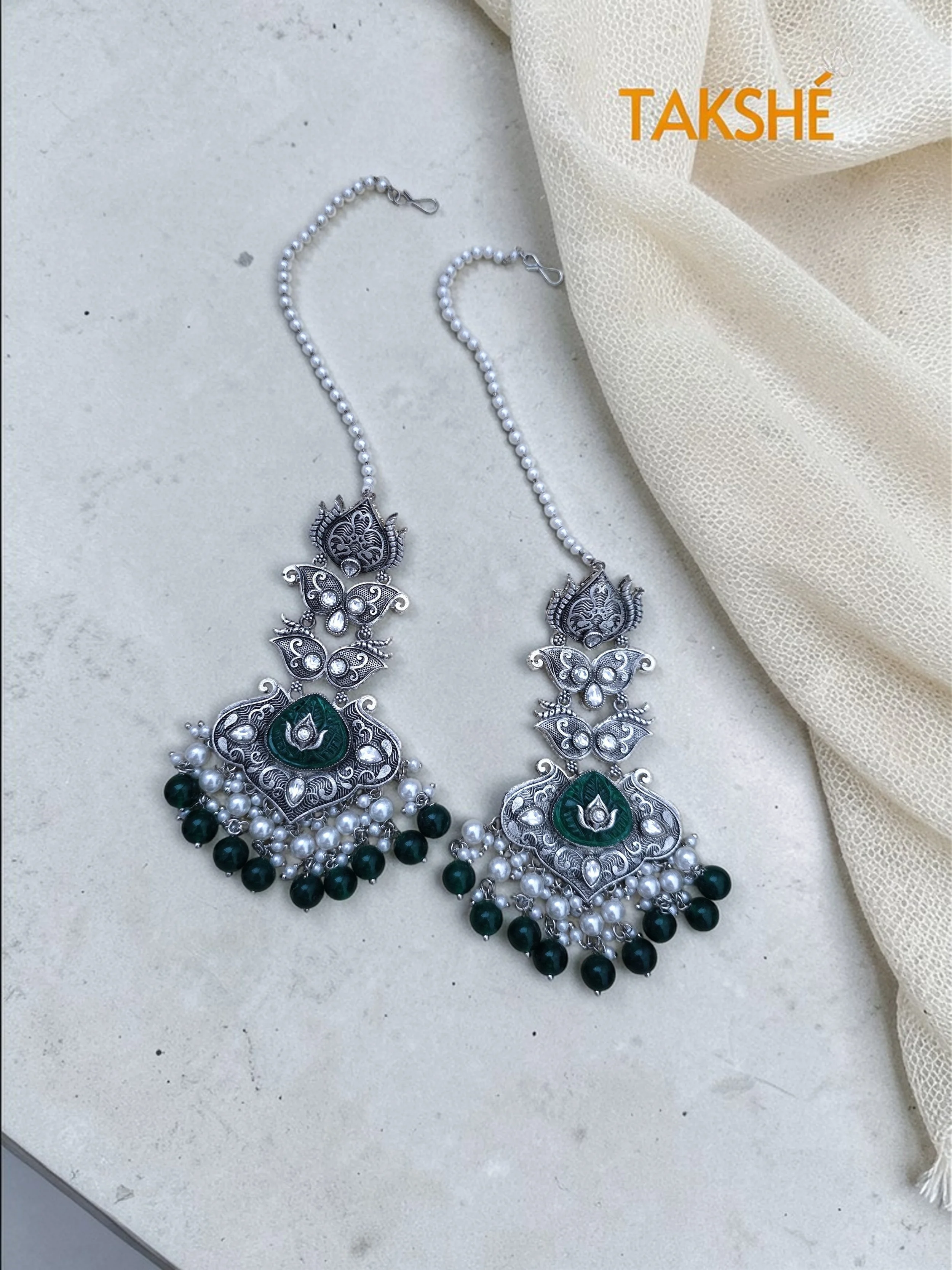 Silver Green Enamel Chandelier Earrings