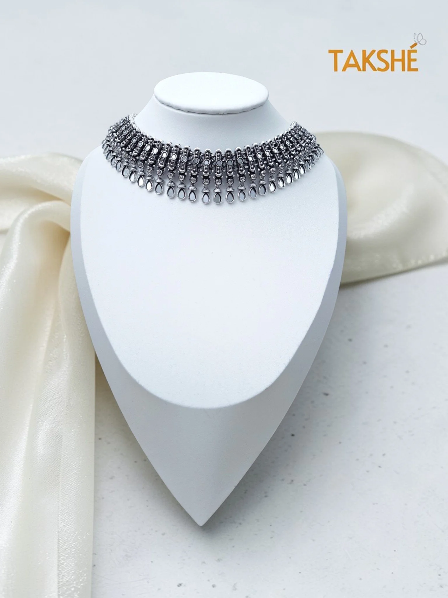 Oxidised Silver Mirrorwork Necklace