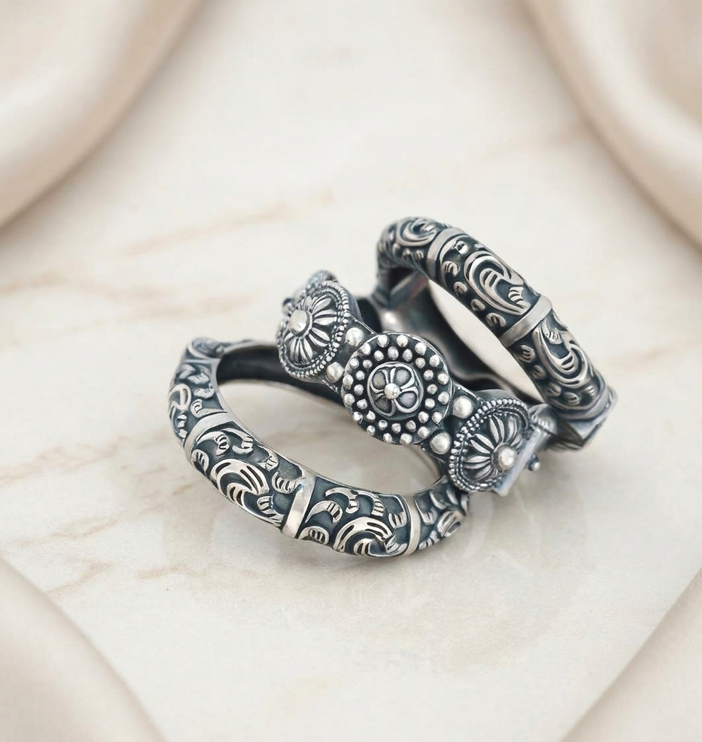 Oxidised Silver Kada Bangles 3 Piece Set