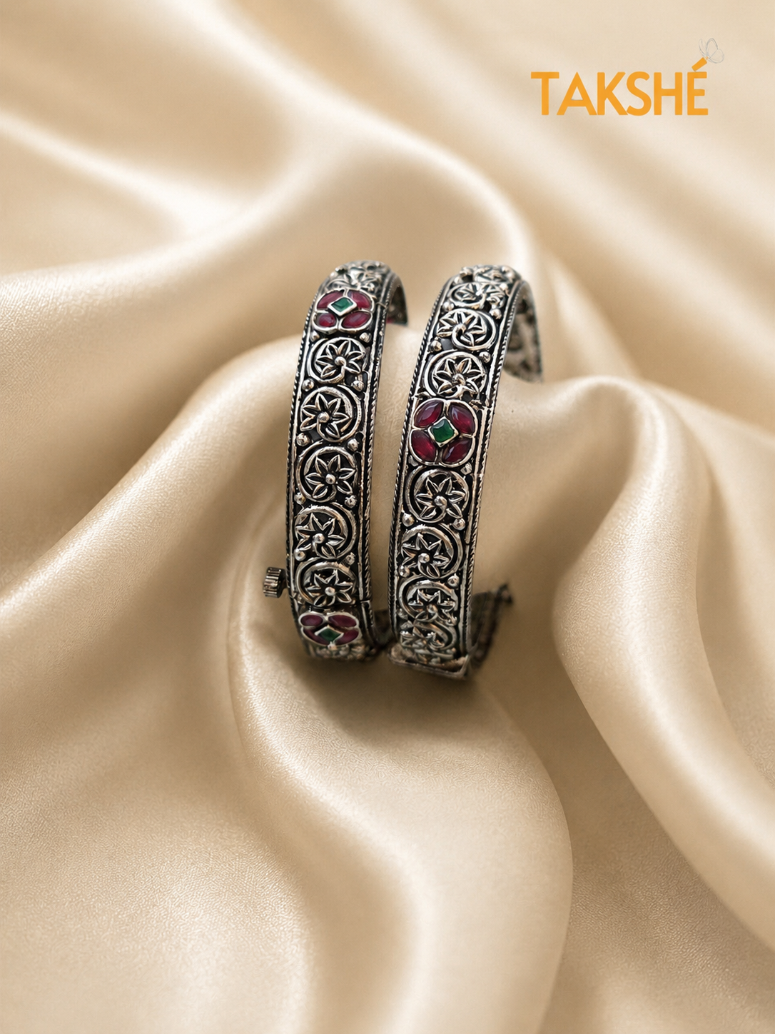 Oxidised Silver Floral Gemstone Bangles