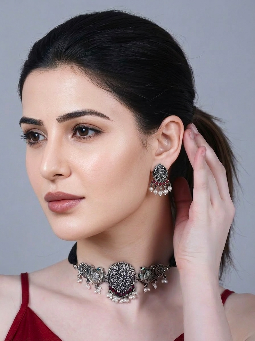 Peacock Oxidised Choker Necklace Set