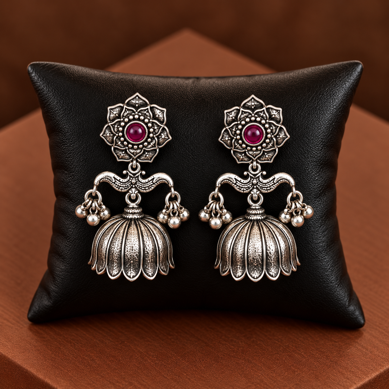 Tara Silver Ruby Jhumka