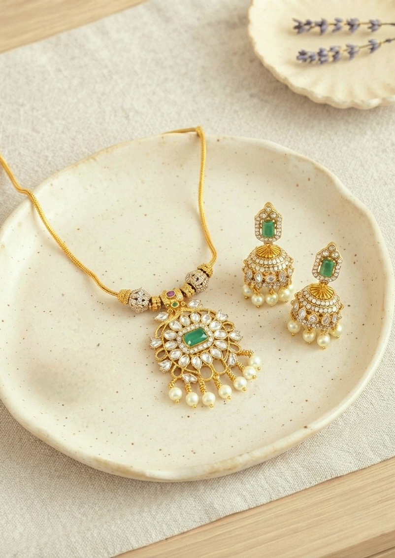 Premium Attigai AD Stone Temple Necklace with Jhumkas