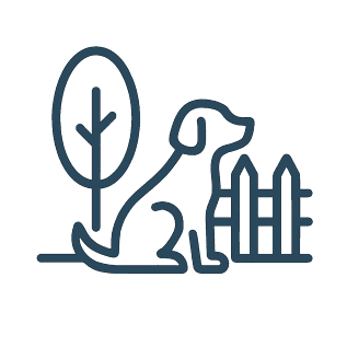 Minimalist line drawing of a sitting dog, a tree, and a wooden fence with a white background.