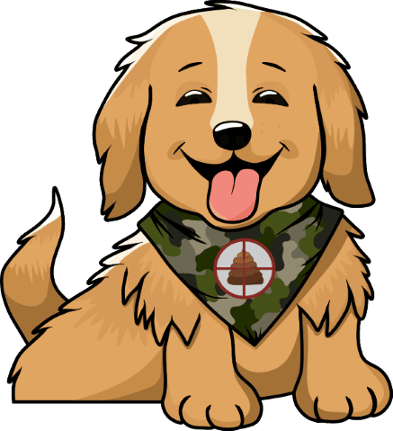 Cartoon illustration of a happy golden retriever-like puppy wearing a predominantly green camouflage bandana which has a red reticle overlaid on a dog poo symbol.