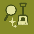 A magnifying glass, a pooper scooper, and sparkles. All in shades of green and on an olive-green background.