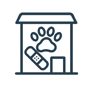 A veterinary clinic featuring a paw print, bandage, and doorway with a white background.