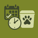 A calendar with a checkmark, a clock, and a dog waste bin with a paw print on it. All on an olive-green background.
