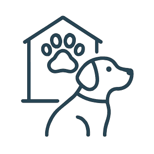 Outline of a dog with a house and paw print in the background, representing doggy daycare with a white background.