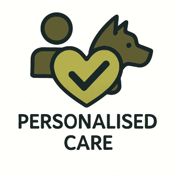 Graphic icon with a human figure, a heart with a checkmark, and a dog, symbolizing personalized care for pets.