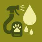 A spray bottle, a paw print on a cleaning device, and water droplets. All in shades of green and on an olive-green background.