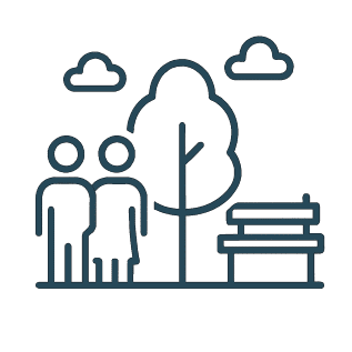 Line drawing of two people standing next to a tree and a park bench, with clouds in the sky with a white background.