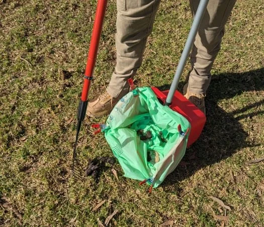 A person scooping poop with a pooper scooper on a lawn. There is already some brown poo inside. The dustpan is lined with a green compostable bag.