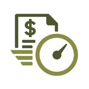 Illustration of a document with a dollar sign, a stopwatch, and a speedometer needle indicating fast quotes.
