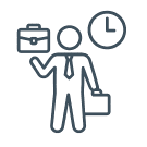 Line drawing of a business person with a briefcase, signaling with one hand, and a clock and briefcase floating above.