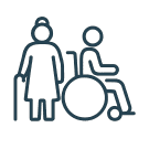 Line drawing of a woman with a cane standing next to a person in a wheelchair.