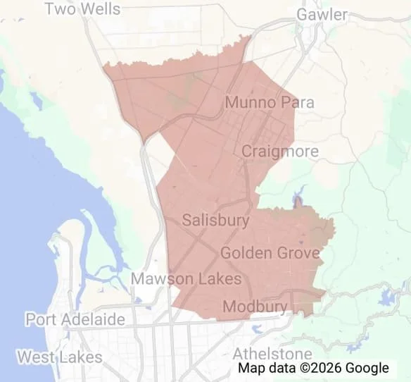 A map showing the northern Adelaide suburbs serviced by K9 Pooper Troopers.