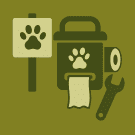 A pet waste station with a waste bag dispenser, a trash bin, and a sign with a paw print, along with a wrench. All in shades of green and on an olive-green background.