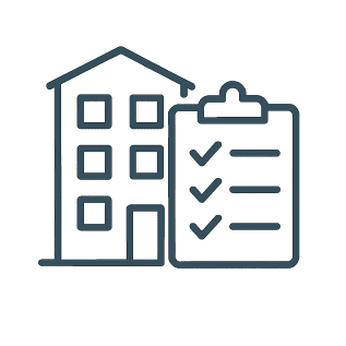 Outline of a multi-storey house with a large clipboard featuring checkmarks with a white background.
