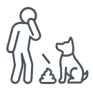 Line drawing of a person holding their hand over their mouth, sitting beside a dog that is pooping with a pile of poop on the ground.