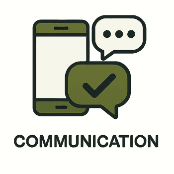 Illustration of a smartphone with speech bubbles containing a check mark and three dots, symbolizing communication.