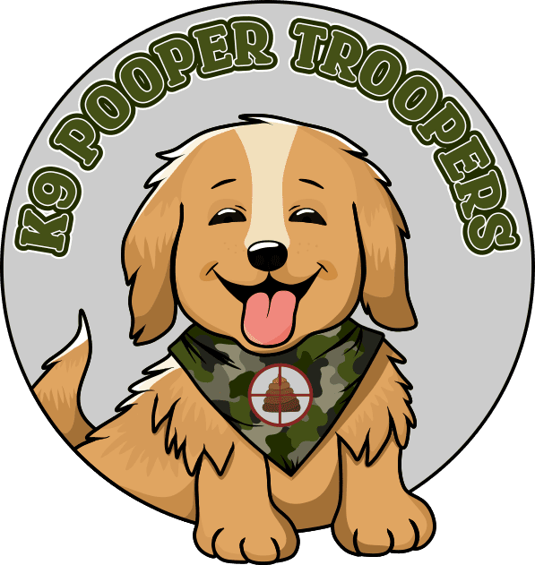 A cartoon illustration of a happy golden retriever-like puppy wearing a green camouflage bandana with a poop emoji with a reticle over it, and curved text reading “K9 Pooper Troopers” above the dog.