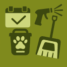 A calendar with a check mark, a spray gun, a dog waste bin with a paw print, and a pooper scooper. All in shades of green and on an olive-green background.