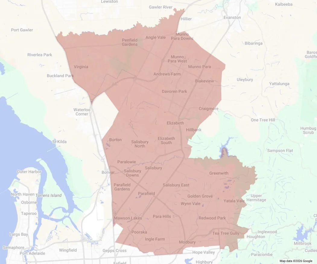 A detailed map showing the northern Adelaide suburbs serviced by K9 Pooper Troopers.