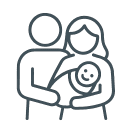 Line drawing of two adults holding a smiling baby.