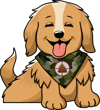 Cartoon illustration of a happy golden retriever-like puppy wearing a predominantly green camouflage bandana which has a red reticle overlaid on a dog poo symbol.