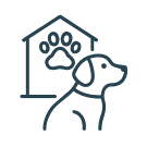 Line drawing of a dog with a doghouse and paw print. Representing doggy daycare.