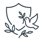 Line drawing of a shield with a bird holding a branch in its beak, surrounded by leaves.