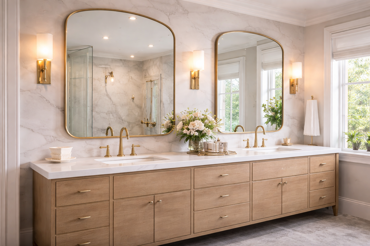 A luxurious bathroom large mirrors