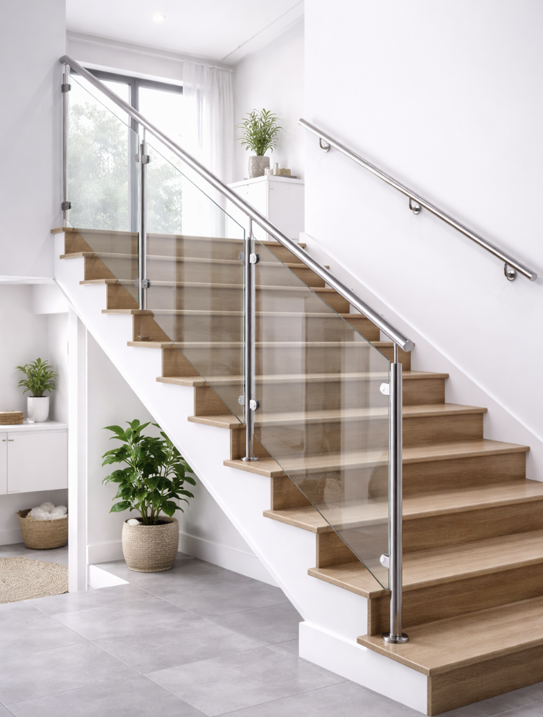 Custom glass stair railing installed in Boulder, Colorado