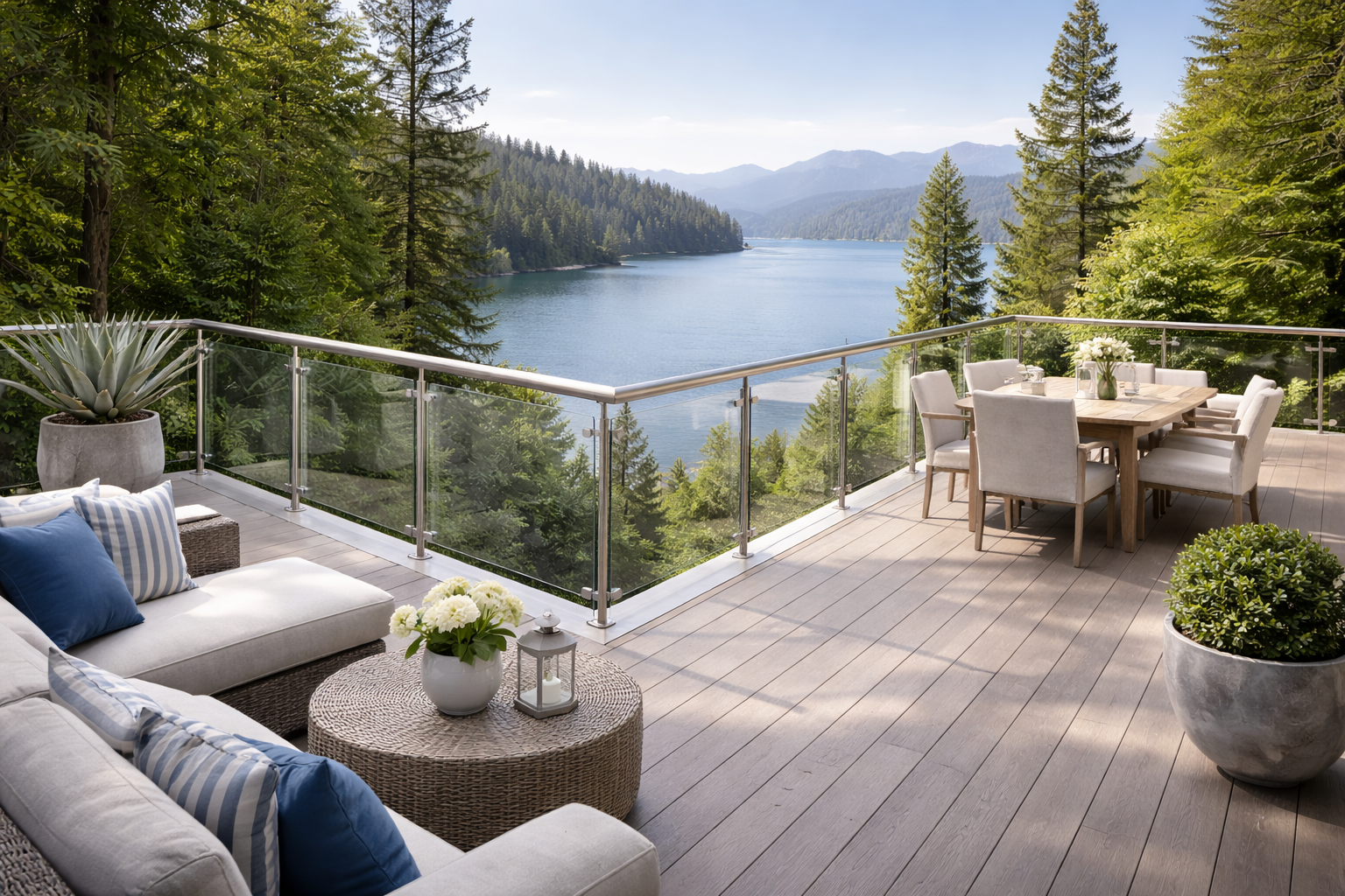 A balcony overlooking a serene lake surrounded by tall trees and mountains in the distance. The balcony features a comfortable outdoor sofa with blue and striped cushions, a round wicker coffee table with a white flower vase and lantern, a dining tab