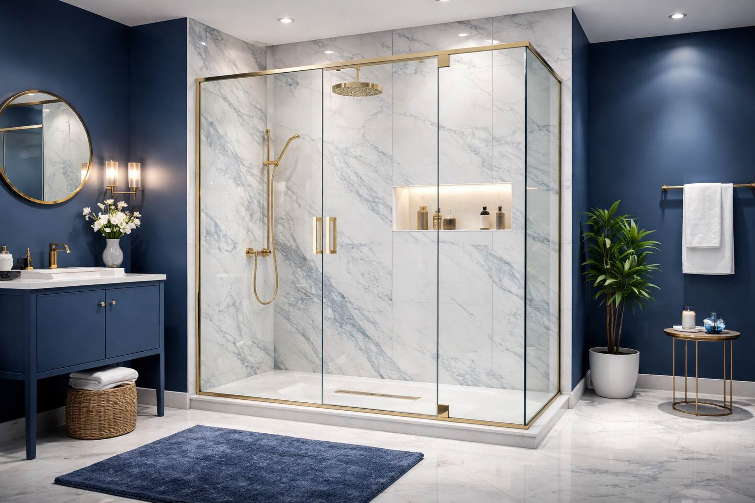 Custom bathroom featuring frameless glass shower doors