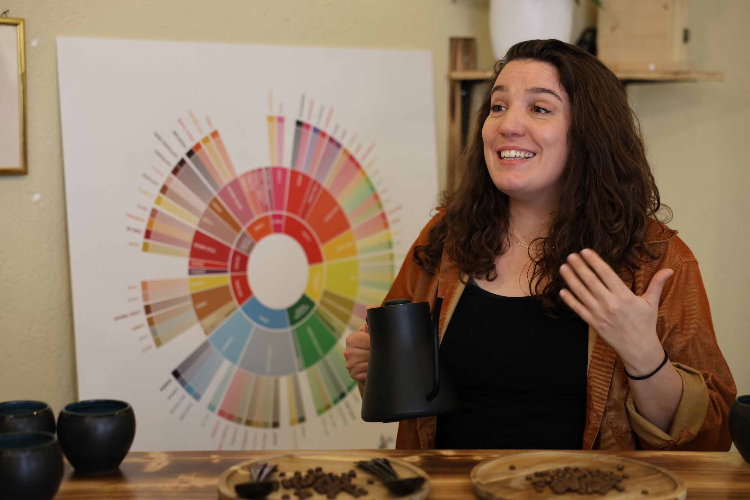 A woman with curly brown hair, wearing a green top, is speaking to two women inside a coffee shop. The woman is gesturing with her hands and holding a coffee portafilter. The coffee shop has coffee machines and grinders on the counter behind her, and a window with writing in the background.