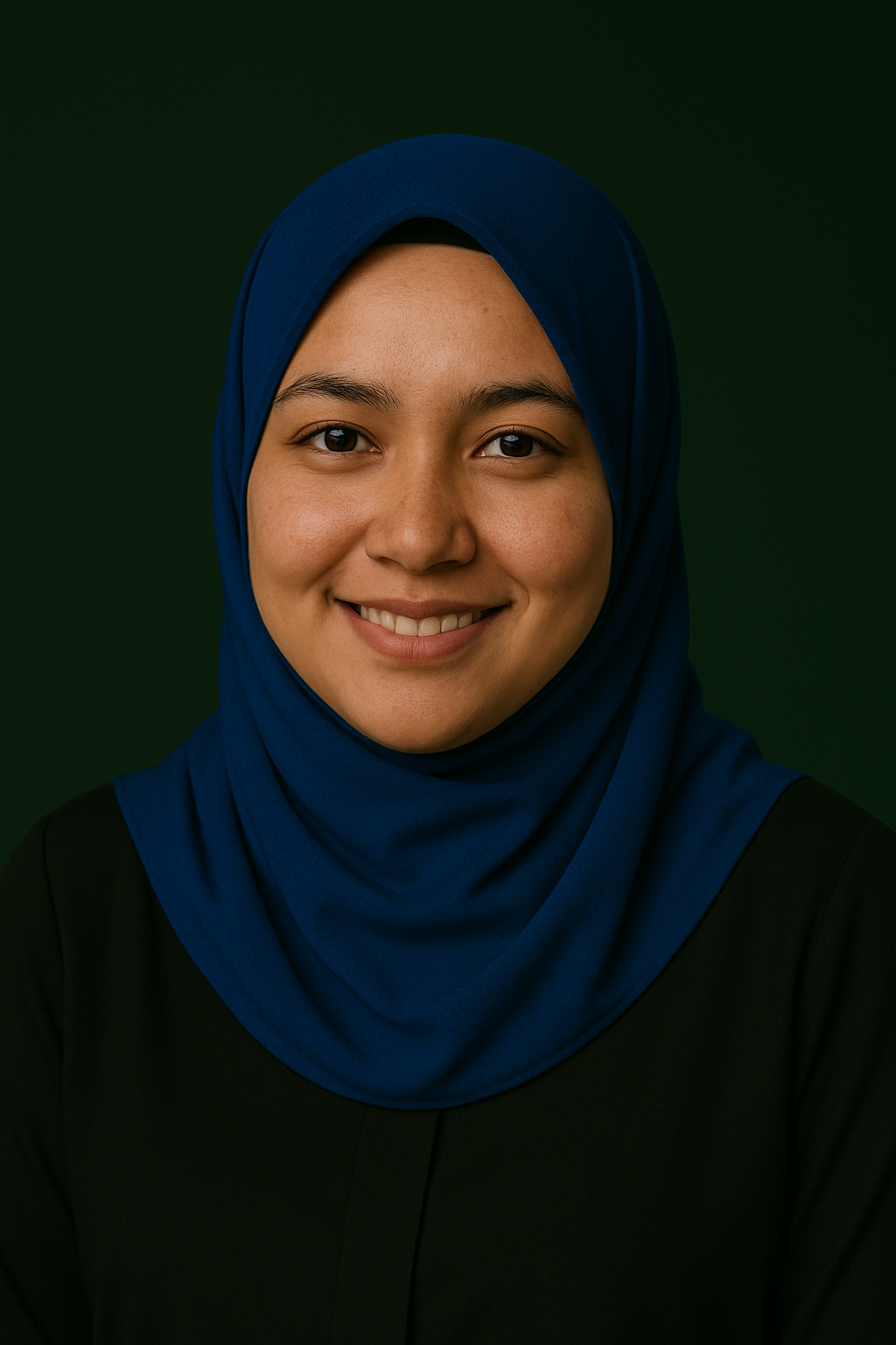 Portrait of a young woman wearing a blue hijab and black top, smiling against a dark green background.