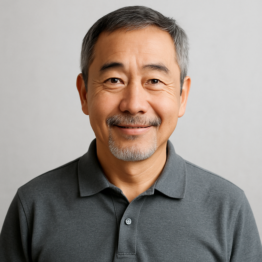 Smiling middle-aged man with gray hair and beard wearing a dark gray polo shirt against a plain light gray background.