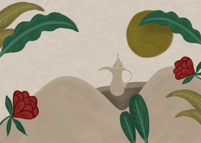 Illustration of a desert scene with rocks, large green leaves, red flowers, a large yellow-green fruit, and a traditional ceramic water pitcher.